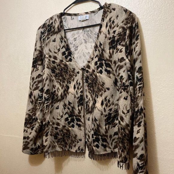 Vintage K Woman Women's Abstract Animal Print Beaded Fringe Cardigan Size 22W - Picture 1 of 6